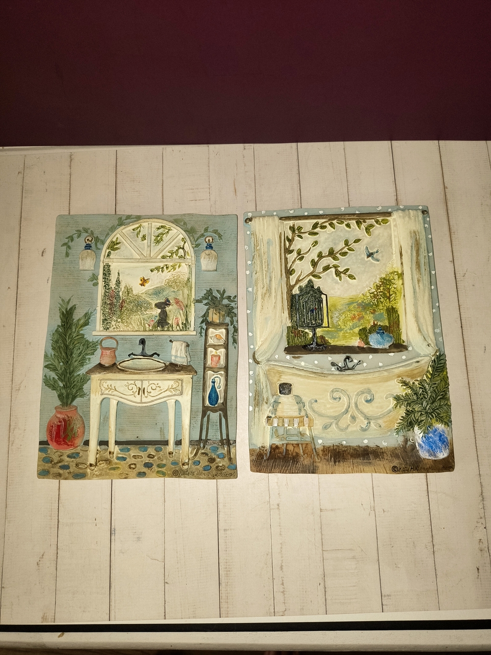 Blue and Cream Bathroom Window Wall Art Set - Coastal Botanical Scenes